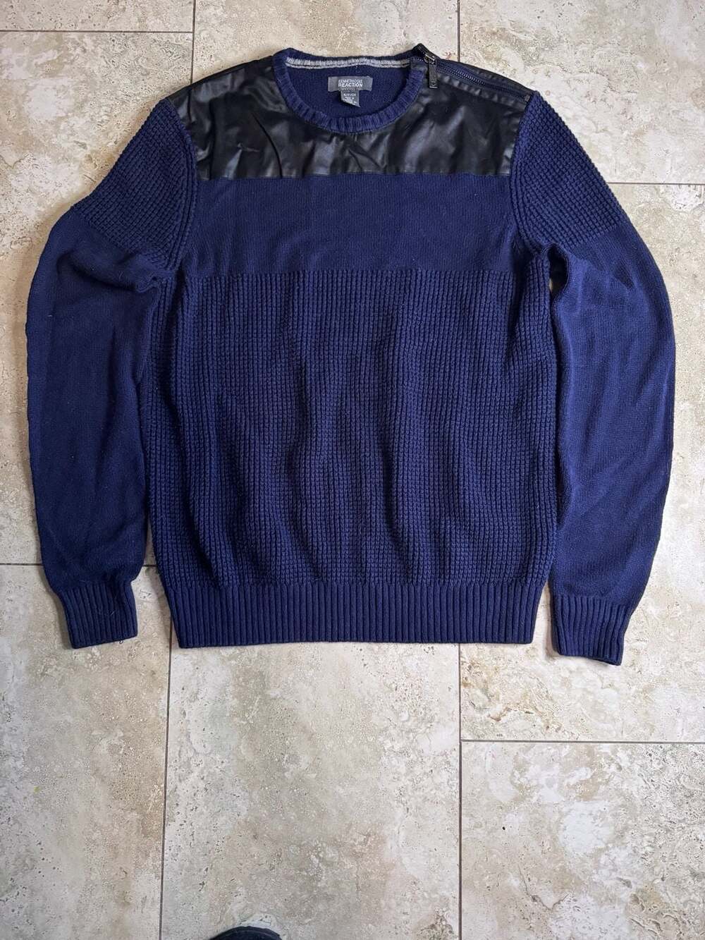 Kenneth Cole Reaction Men's Navy Blue Waffle Knit Sweater with Faux Leather